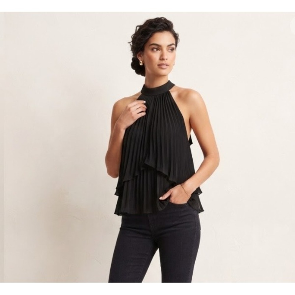 Parker Black Pleated High Neck Halter Top Sleeveless Tiered Chiffon Black Medium